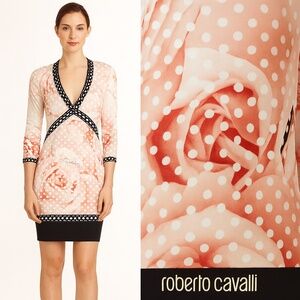Abito Pale Pink Rose and Polka Dot Print Bodycon Spring Dress Made in Italy 🇮🇹